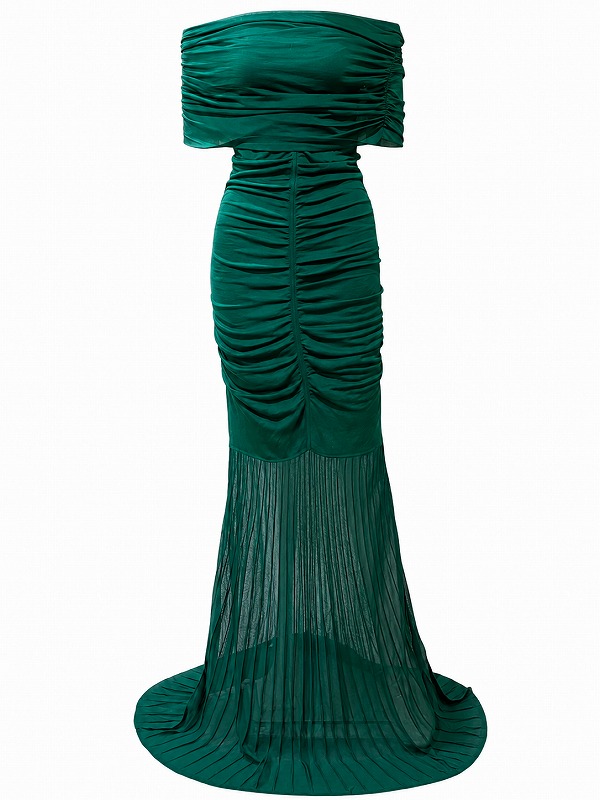 【新品DRESS 3394】センターギャザープリーツ切替オフショルマーメイドロングドレス グリーン【KAREN MILLEN】